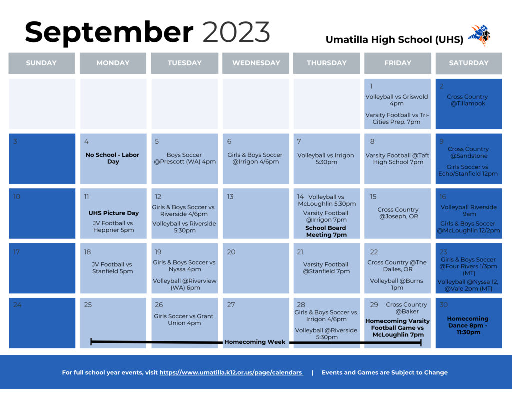 UHS Sept Calendar